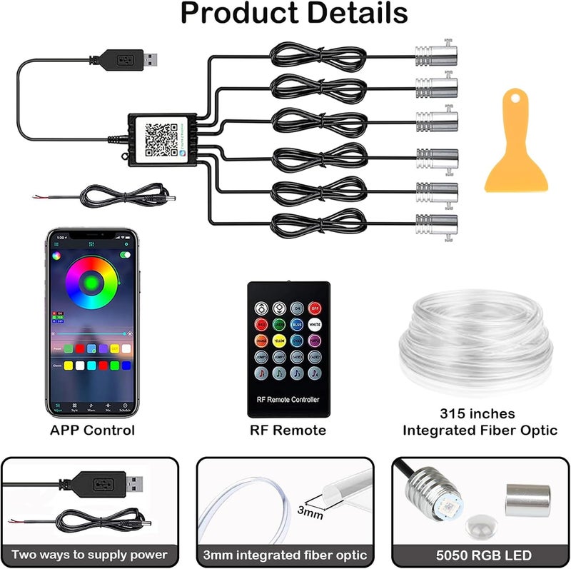 DEHERANE Interior Car LED Strip Lights, RGB 6 in 1 Ambient Lighting Kit with 315 inches Integrated Fiber Optic, 16 Million Colors Car Interior Lights with Wireless APP& Remote Control, Sync to Music - Image 5